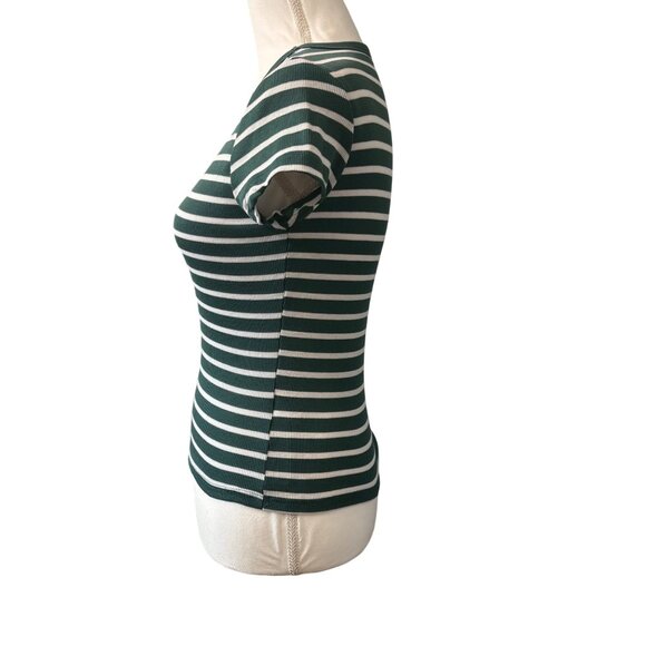 Womans Juniors Green & White Striped Fitted Short Sleeve Ribbed Tee Size Medium - Picture 2 of 10